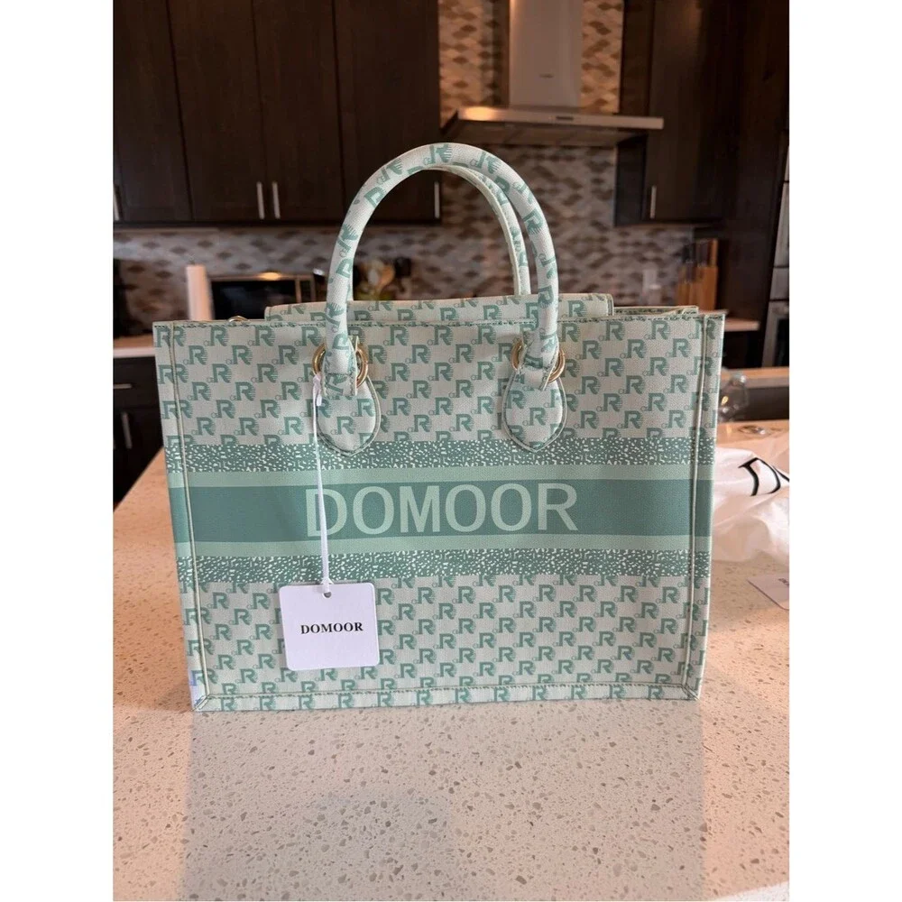 Domoor of Denmark Designer Monogram Mint Green Tote Bag Vegan Leather w/Dust Bag